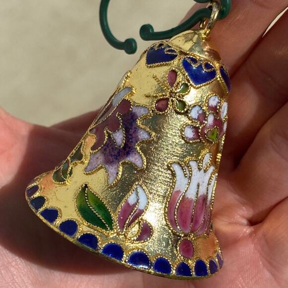 Cloisonne Gold Enamel Floral Tulip Heart Bell Butterfly Flower Green Interior - Picture 14 of 14
